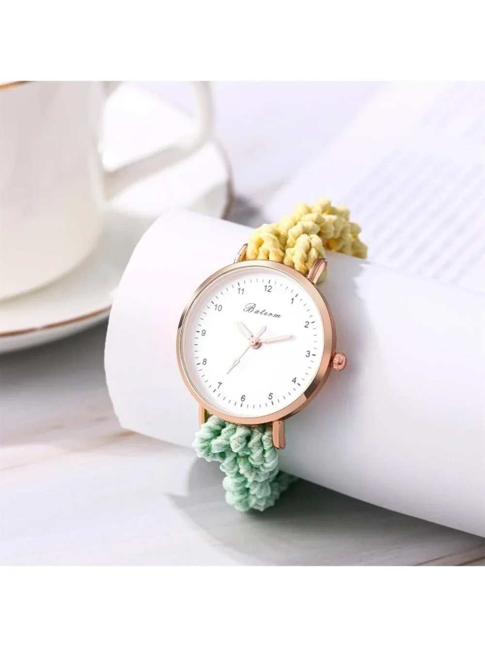 Women's Yellow Green Analog Stretch Band Elastic Colorful Weave Rope Wrist Watch